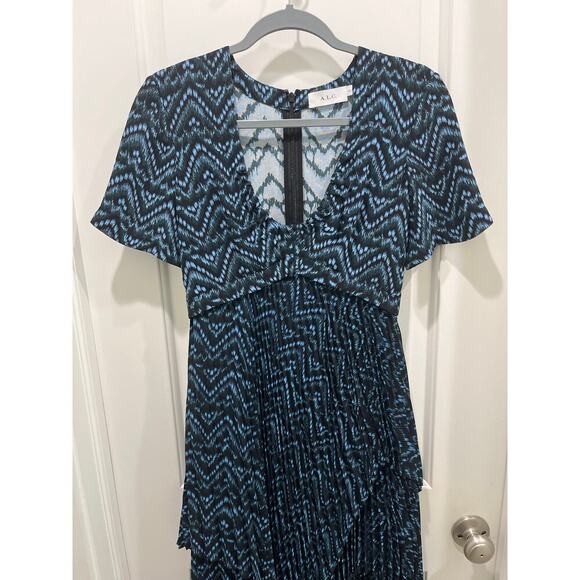 A.L.C. Blue & Black Kylia 100% Silk Asymmetrical Midi Dress Sz 2 - Picture 3 of 11